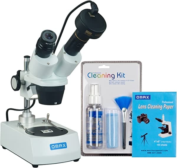 Omax 10 x -20 x -30 x -60 x Binocular Microscopio estéreo con doble luces y 3 MP cámara y Pack de limpieza G223BS-C30U-LPK