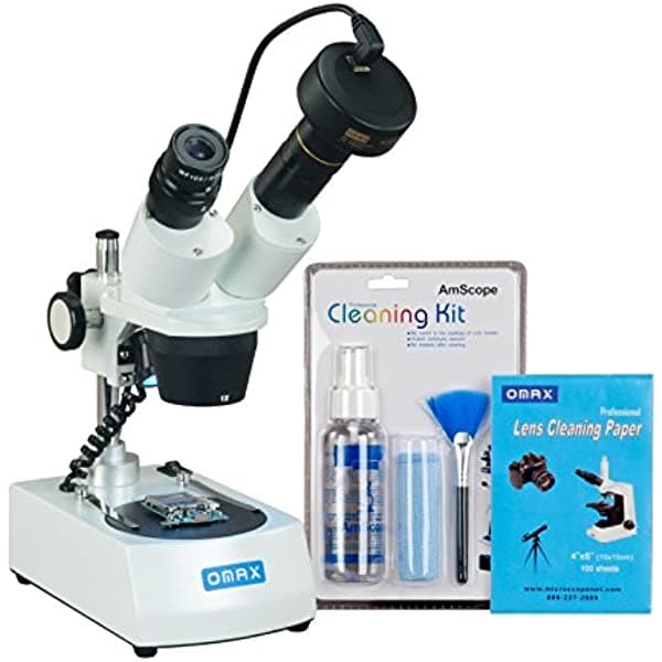 Omax 10 x -20 x -30 x -60 x microscopio binocular estéreo inalámbrico con luces LED y cámara de 5 MP y Pack de limpieza G223CS-C50U-LPK