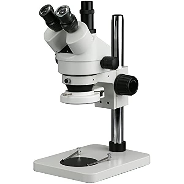AmScope 7X-45X Microscopio Estéreo Trinocular con soporte de pilar de 14" y luz de anillo LED de 64 anillos SMDG-1TSL-64S