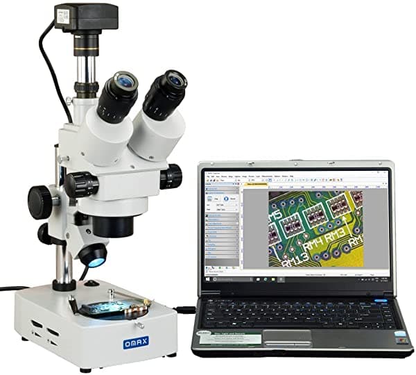 OMAX 7X-45X Microscopio Estéreo Trinocular Digital con Zoom USB3 de 10 MP en soporte de escritorio de luz dual V434A-C100U3