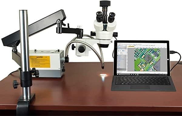 Omax 2.1X-270X 14 MP USB3 zoom microscopio digital estéreo en brazo articulado con anillo de 150 W y luces duales W43AF1-D3X2A-E30-L12YR-C140U3