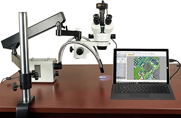 Omax 2.1X-225X 14 MP zoom microscopio digital estéreo en brazo articulado con luces LED (anillo de 30 W y duales) W43AF1-D3X2A-E25-L30WYR-C140U