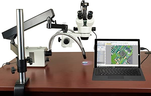 Omax 2,1 x -225 X zoom digital de 10 Mp microscopio estéreo en brazo articulado con 30 W luces de anillo y Dual LED W43AF1-D3X2A-E25-L30WYR-C100U