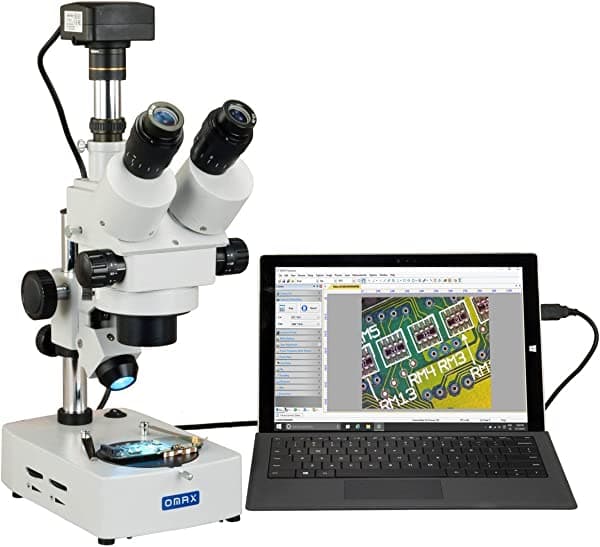 Omax 7X-45X USB3 digital 5 MP trinocular microscopio estéreo con zoom de luz halógena doble con soporte de mesa V434A-C50U3