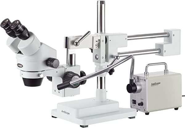 AmScope SM-4B-30WS 7X-45X microscopio estéreo con zoom en soporte de brazo doble con luz LED de fibra óptica