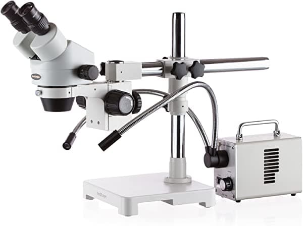 AmScope SM-3B-30WY microscopio estéreo binocular 7X-45X con iluminador LED y cuello de cisne dual de fibra óptica