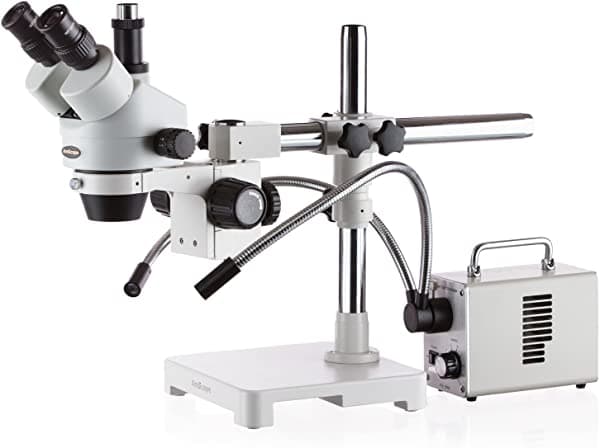 AmScope SM-3T-30WY 7X-45X microscopio estéreo con iluminador LED y cuello de cisne dual de fibra óptica