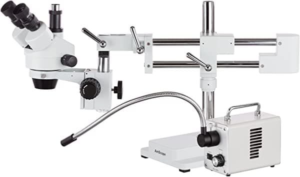 AmScope SM-4T-30WS - Microscopio Trinocular estéreo con zoom 7X-45X en soporte de brazo doble con luz LED de fibra óptica