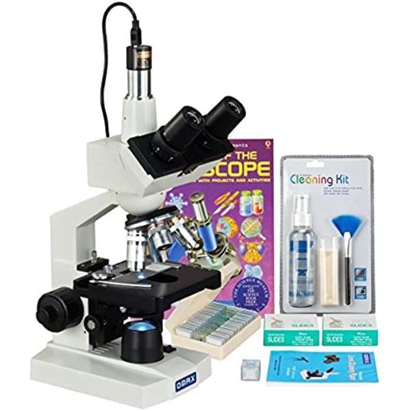 Omax 40X-2000X microscopio trinocular LED + cámara de 1.3 MP + papel para portaobjetos + libro + lente + kit de limpieza M83ES-PKG1-C13S