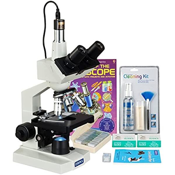 Omax 40X-2500X LED microscopio trinocular + cámara de 1.3 MP + papel + portaobjetos preparados y en blanco + lente + libro M83EZ-PKG1-C13S