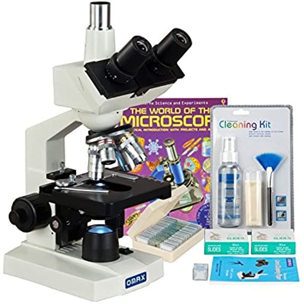 Omax 2500X LED microscopio trinocular de laboratorio + portaobjetos preparados + portaobjetos en blanco + papel para lentes + libro + kit de limpieza M83EZ-PKG1