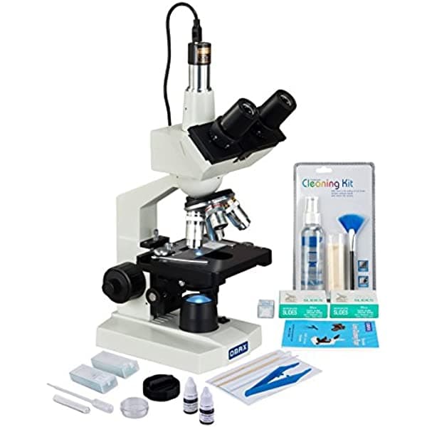 OMAX M83EZ-PKG3-C13S 2500x microscopio de laboratorio LED con cámara digital 1.3 MP + kit de preparación de portaobjetos + portaobjetos en blanco + kit de limpieza