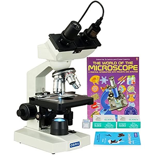OMAX M82EZ-SCP-WM-C30S 40x-2500x microscopio binocular de laboratorio digital LED + cámara 3 MP + portaobjetos en blanco + cubreobjetos + papel para lentes + libro