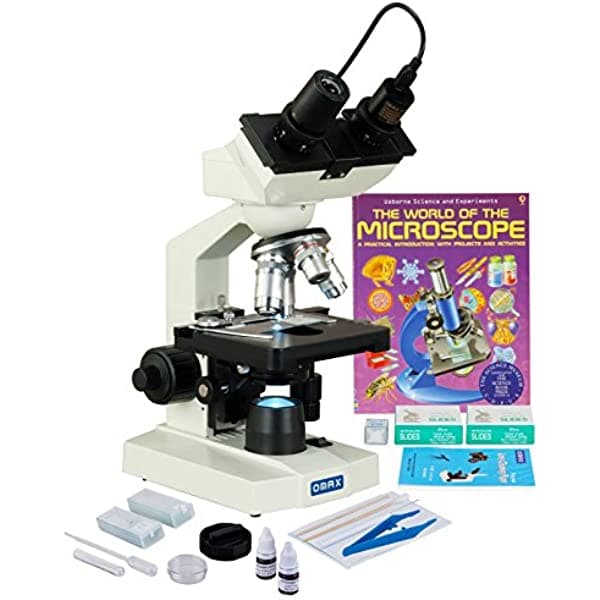 OMAX M82EZ-PKG4-C13S 40x-2500x microscopio binocular de laboratorio LED con cámara 1.3 MP + kit de preparación de portaobjetos + libro + portaobjetos en blanco