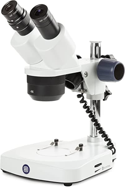 AmScope EduBlue - Microscopio estéreo binocular 2x/4x, objetivo giratorio 20x/40x, soporte de pilar, iluminación inalámbrica LED transmitida
