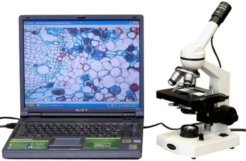 AmScope M220C-E2 microscopio compuesto monocular digital, oculares WF10x y WF25x, aumento 40x-1000x, iluminación de tungsteno, campo claro, condensador Abbe 1.25 NA, enfoque coaxial, platina mecánica gruesa y fina, 110V, incluye cámara 2 MP y software