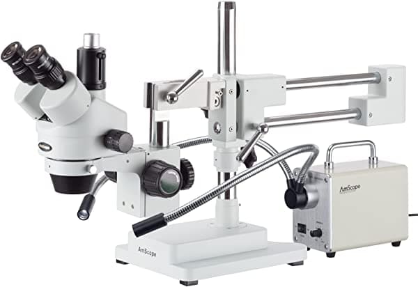 AmScope 7 x -90 X simul-focal trinocular Boom Microscopio estéreo con luz LED de fibra óptica de doble brazo SM-4TPY-30WY