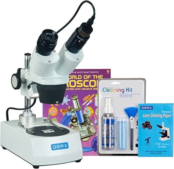 Omax 20 x -60 x Estudiante microscopio binocular estéreo con doble luces, USB, pack de limpieza, libro de cámara G223D-C03S-LPKW