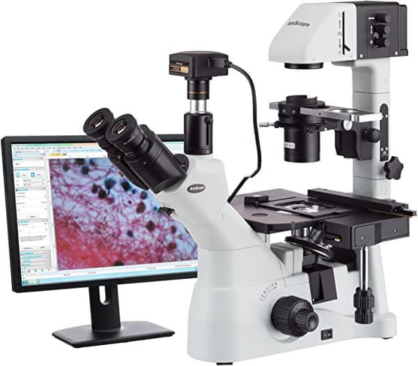 AmScope Microscopio invertido Infinity Kohler Plan 40X-1500X con cámara de 18MP IN480TC-18M3