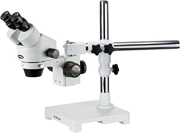 AmScope SM-3BZ microscopio estéreo binocular con zoom 3.5x-90x en soporte de brazo articulado (boom)