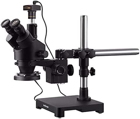 AmScope SM-3TZZ-FRL-5M-B microscopio estéreo trinocular con zoom 3.5X-180X negro en soporte de brazo único + luz anular fluorescente + cámara USB2.0 de 5MP