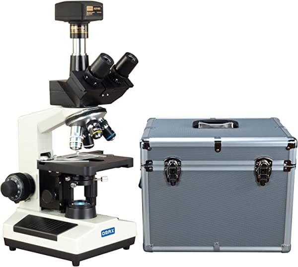 OMAX microscopio compuesto trinocular de campo oscuro LED 40x-2500X + cámara digital + funda de transporte de aluminio M837ZL-A191BOIL-A185A-C140U