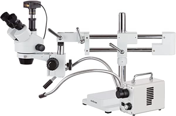 AmScope 3.5X-180X Zoom - Microscopio estéreo Trinocular con soporte de brazo doble con iluminación LED de doble fibra + cámara USB 2.0 de 5 MP SM-4TZZ-30WY-5M