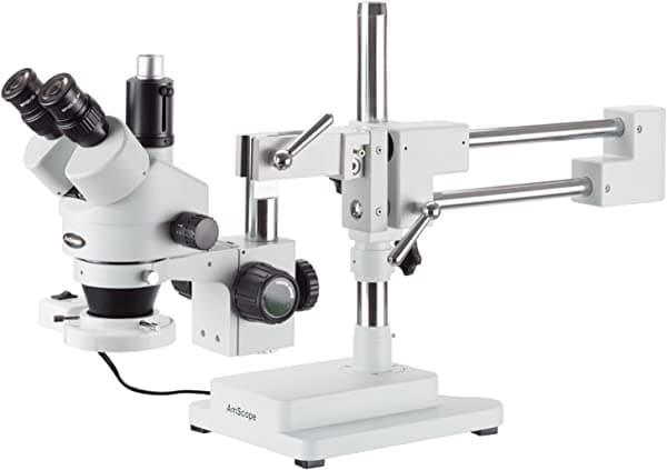 AmScope Microscopio de zoom estéreo fluorescente simulofocal 3.5X-180X en soporte de brazo doble SM-4TPZZ-FRL