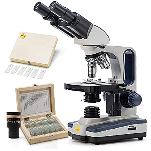Swift Microscopio compuesto binocular SW350B, aumento 40X-2500X, cámara de 1.3mp y software compatible con Windows y Mac, con 25 piezas y 100 diapositivas de vidrio para microscopio