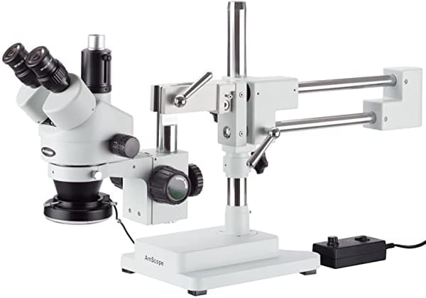 AmScope - Microscopio de zoom estéreo Simul-Focal 7X-45X en soporte de brazo doble + anillo de luz LED de 144 - SM-4TP-144