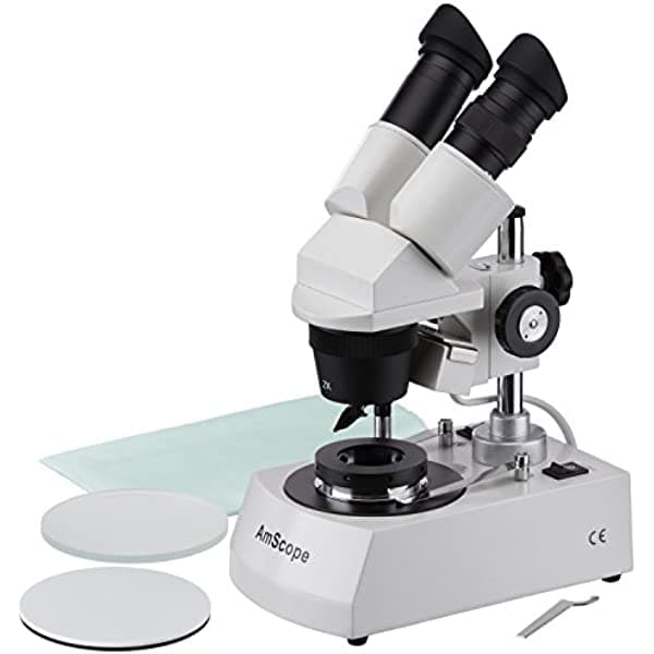 AmScope SE306-P-DK microscopio estéreo binocular, oculares WF10X, aumento 20X y 40X, objetivos 2X y 4X, iluminación halógena, placa de platina superior e inferior reversible blanco/negro, soporte de pilar, 120V, incluye condensador Darkfield