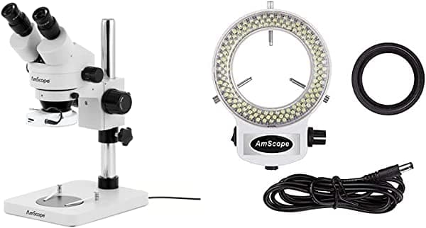 AmScope SM-1BSX-64S Profesional Binocular Stereo Zoom Microscope, White & LED-144W-ZK White Adjustable 144 LED Ring Light Illuminator for Stereo Microscope & Camera