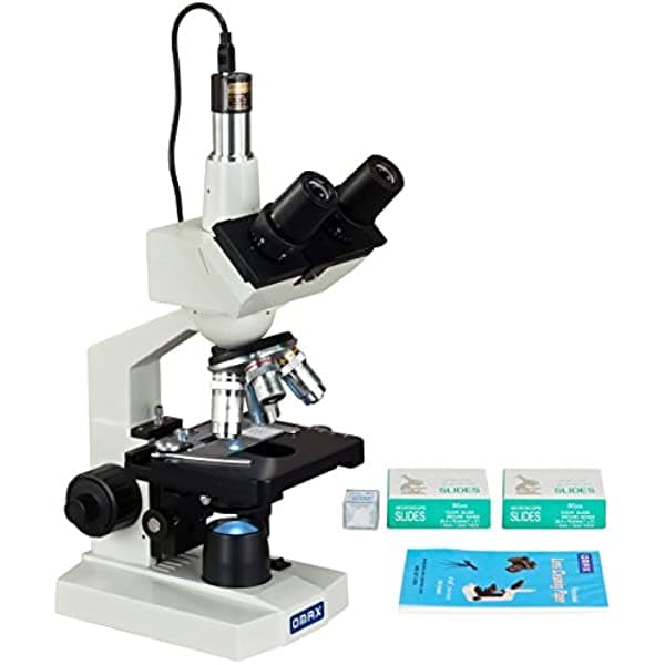 OMAX 40X-2500X digital LED, microscopio trinocular compuesto, cámara de 1.3 MP + portaobjetos en blanco + fundas + papel para lente M83EZ-SCP-C13S