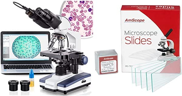 AmScope B120C-E1 40X-2500X - Microscopio compuesto binocular biológico LED y BS-72P-100S-22 72 piezas de diapositivas de microscopio en blanco prelimpiadas y 100 piezas de cubierta cuadrada de vidrio de 0.866x0.866 in