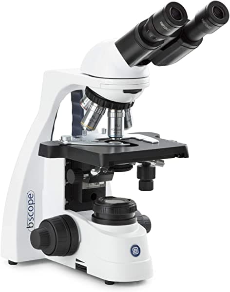 AmScope bScope Binocular Microscopio HWF 10x/0.787 in, Oculares cuádruple, E-Plan EPL 4/10/S40/S100x Objetivos de aceite, 131 x 152/7.756 in estadificado de 1.417 in sin bastidores X-Y, 3 W Iluminación NeoLED