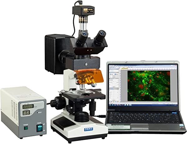 Omax M837ZFLR-C140U 40X-2500X Microscopio biológico trinocular avanzado con epi-fluorescencia y cámara digital USB de 14 MP