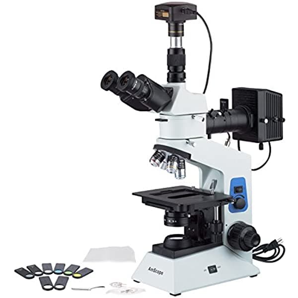AmScope ME580TA-PZ-2L-14M3 40X-800X Microscopio metalúrgico polarizado con luces superior e inferior + cámara USB3.0 de 14 MP