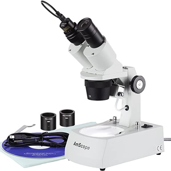 AmScope SE306R-AZ-E Microscopio estéreo binocular digital de montaje frontal, oculares WF10X y WF20X, 20X/40X/80X de aumento, objetivos 2X y 4X, iluminación halógena, placa de platina reversible blanco/negro superior e inferior, soporte de brazo, 120V, incluye cámara de 0.3 MP y software