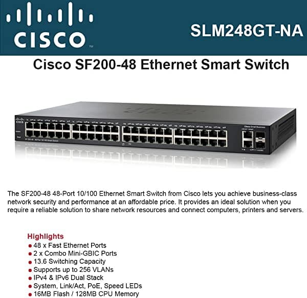 Cisco - SF 200-48 48-Port 10/100 48Mbit/s adaptador y tarjeta de red SLM248GT-NA