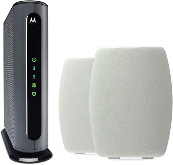 Motorola Malla Q14 WiFi 6e (paquete de 2) + módem de cable MB7621, aprobado para Comcast Xfinity, Cox, Spectrum | Cobertura WiFi expandible | Tri-banda | DOCSIS 3.0