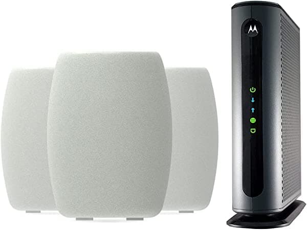 Motorola Q14 WiFi 6e Mesh (paquete de 3) + paquete de módem de cable MB8600, aprobado para Comcast Xfinity, Cox Gigablast, Spectrum | Tri-Band | DOCSIS 3.1