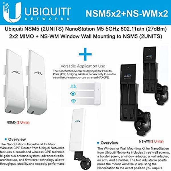 Ubiquiti NanoStation M5 2Pack 5GHz 16dBi 2x2MIMO + Soportes de Montaje en Pared NSM5x2+NS-WMx2
