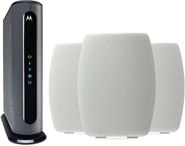 Motorola Malla Q14 WiFi 6e (paquete de 3) + módem de cable MB8611, aprobado para Comcast Xfinity, Cox Gigablast, Spectrum | para planes de cables de hasta 2500 Mbps | Tri-banda | DOCSIS 3.1