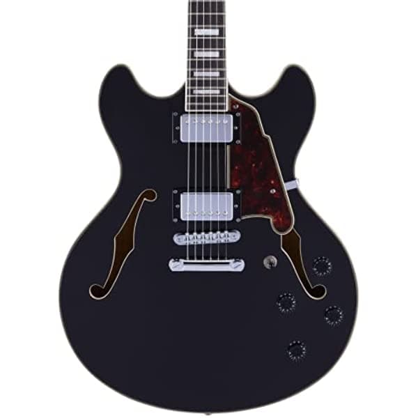 D'Angelico Guitarra eléctrica de cuerpo semihueco de 6 cuerdas, para diestros, Black Flake (DAPDCBLFCS)