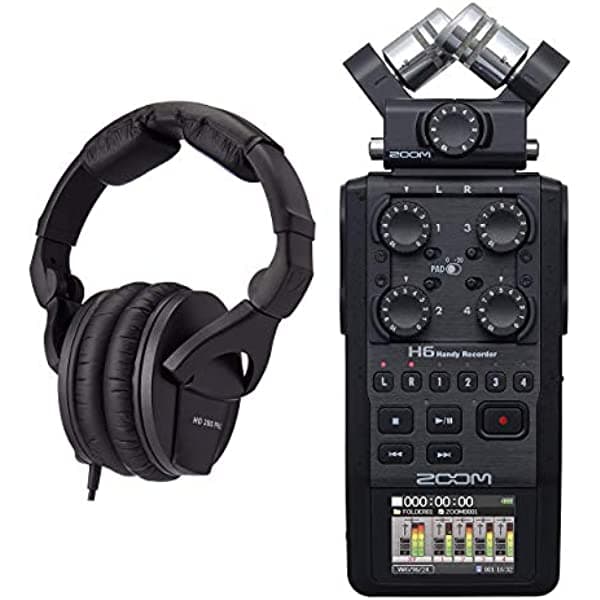 Zoom H6 todo negro paquete de grabadora de mano con auriculares HD280PRO