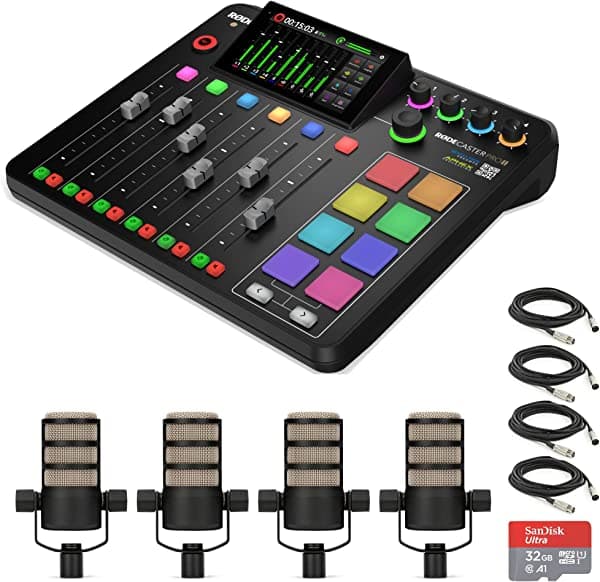 Rode Rodecaster Pro Ii Consola De Producción De Audio Integrada Con 4 Micrófonos Dinámicos De Podcasting Rode Podmic Tarjeta Microsd Sandisk De 32 Gb Cables Xlr Y Paño De Pulido Streameye RCPII | PodMic x4