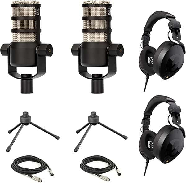 Rode PodMic - Micrófonos dinámicos para podcasting (par) con trípode de escritorio para micrófonos, auriculares Rode NTH-100 profesionales cerrados over-ear, cables XLR y paño de pulido StreamEye