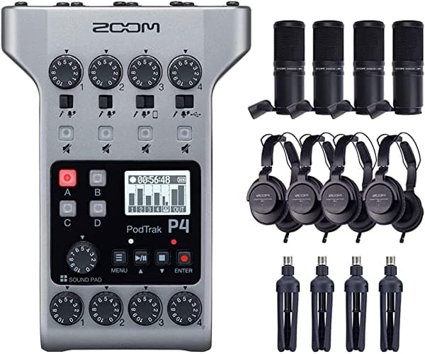 Zoom PodTrak P4 portátil multipista Podcast Recorder Bundle con 4X Zoom ZDM-1 Podcast Pack
