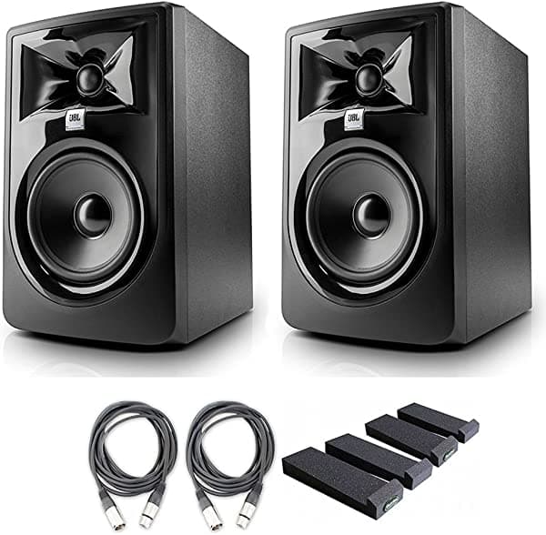 JBL LSR305 5-inch Powered monitores de estudio (par) de dos vías con axcessables Studio Cables, almohadillas para orejas de aislamiento y estudiostar paño de pulido