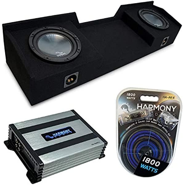 Compatible con Nissan Titan King o Crew Truck 2004-2015 Harmony Bundle R104 caja para subwoofer doble de 10" y HA-A400.1 HA-SUB-PACKAGE755-H